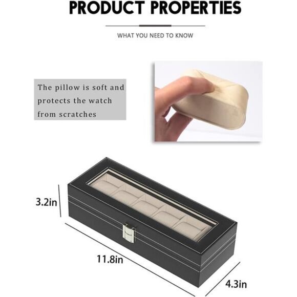 Black Leather Watch Display Box Organizer Case with Glass Lid 6 Slot Storage - Picture 3 of 7
